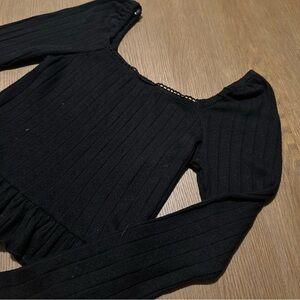 Black Ribbed Long Sleeve Square Neck Top